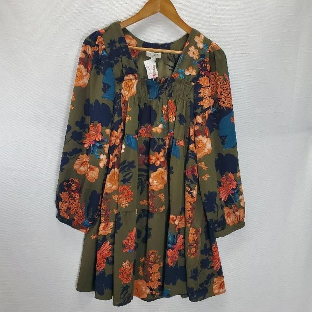 Umgee Dress Womens M Green Floral Mini Balloon Sleeves Boho Prairie Square Neck - Picture 1 of 8